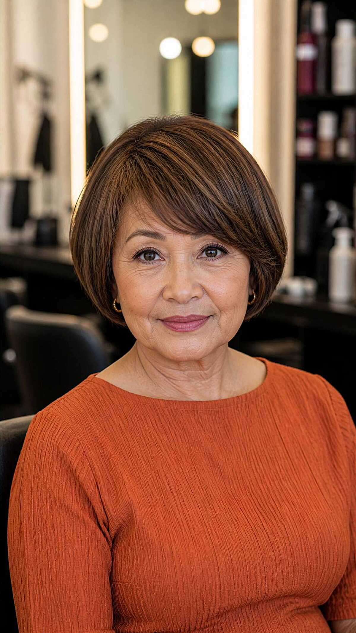 Classic warm brown bob with side-swept bangs