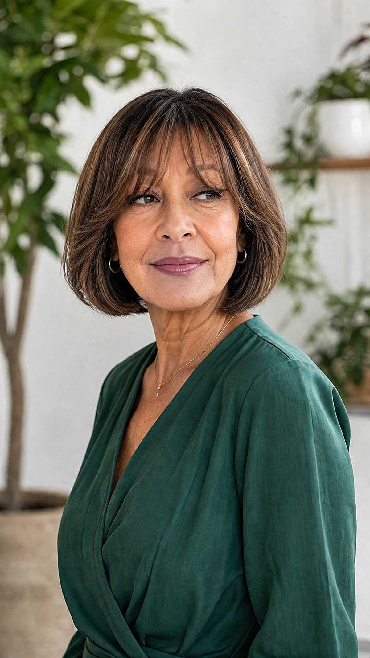 Chin-length brunette bob with soft wispy bangs