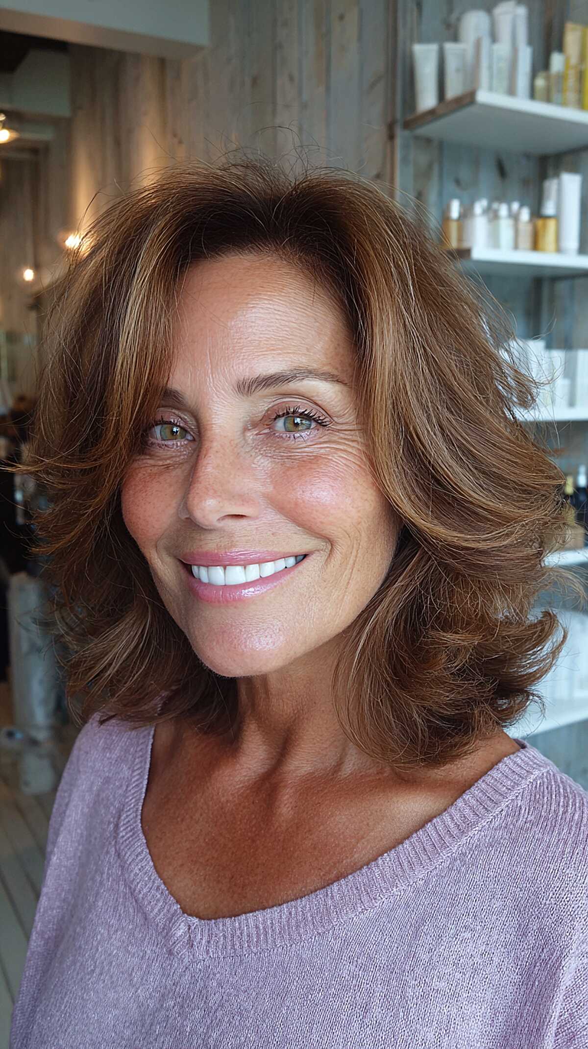 Toffee brunette with bouncy feathered Farrah layers