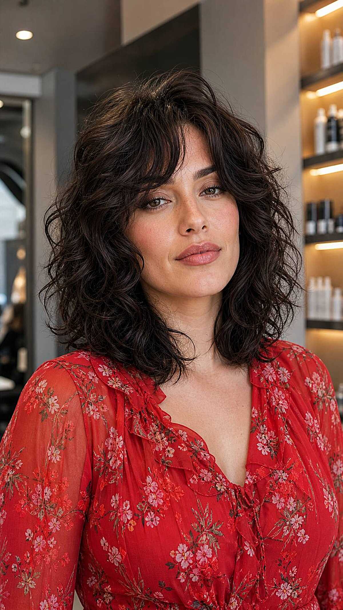 Dark curly shoulder-length wolf cut with shaggy bangs