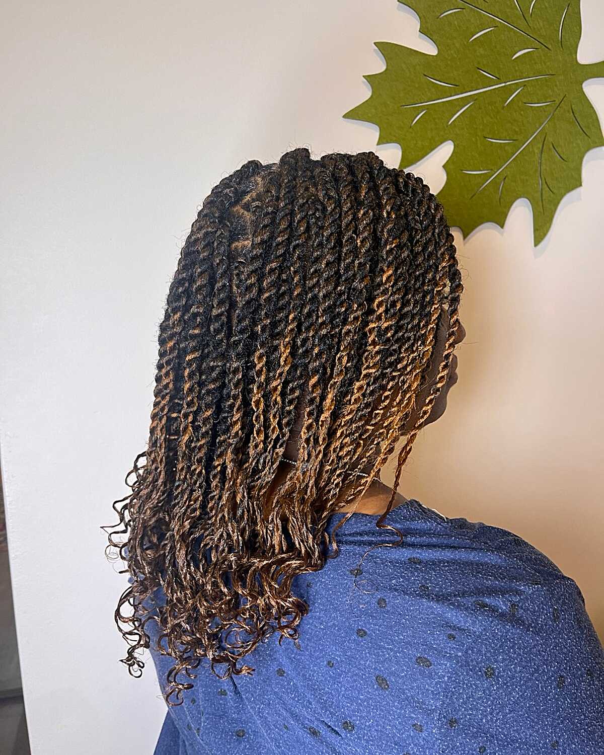 Bob-length twists mixing black and golden brown tones