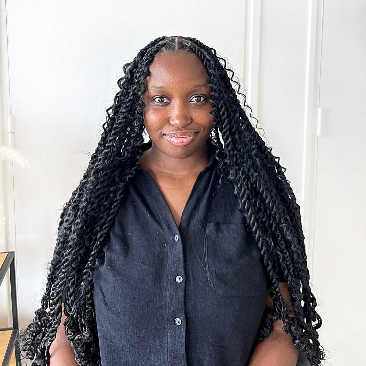 Extra-long black passion twists with wavy texture