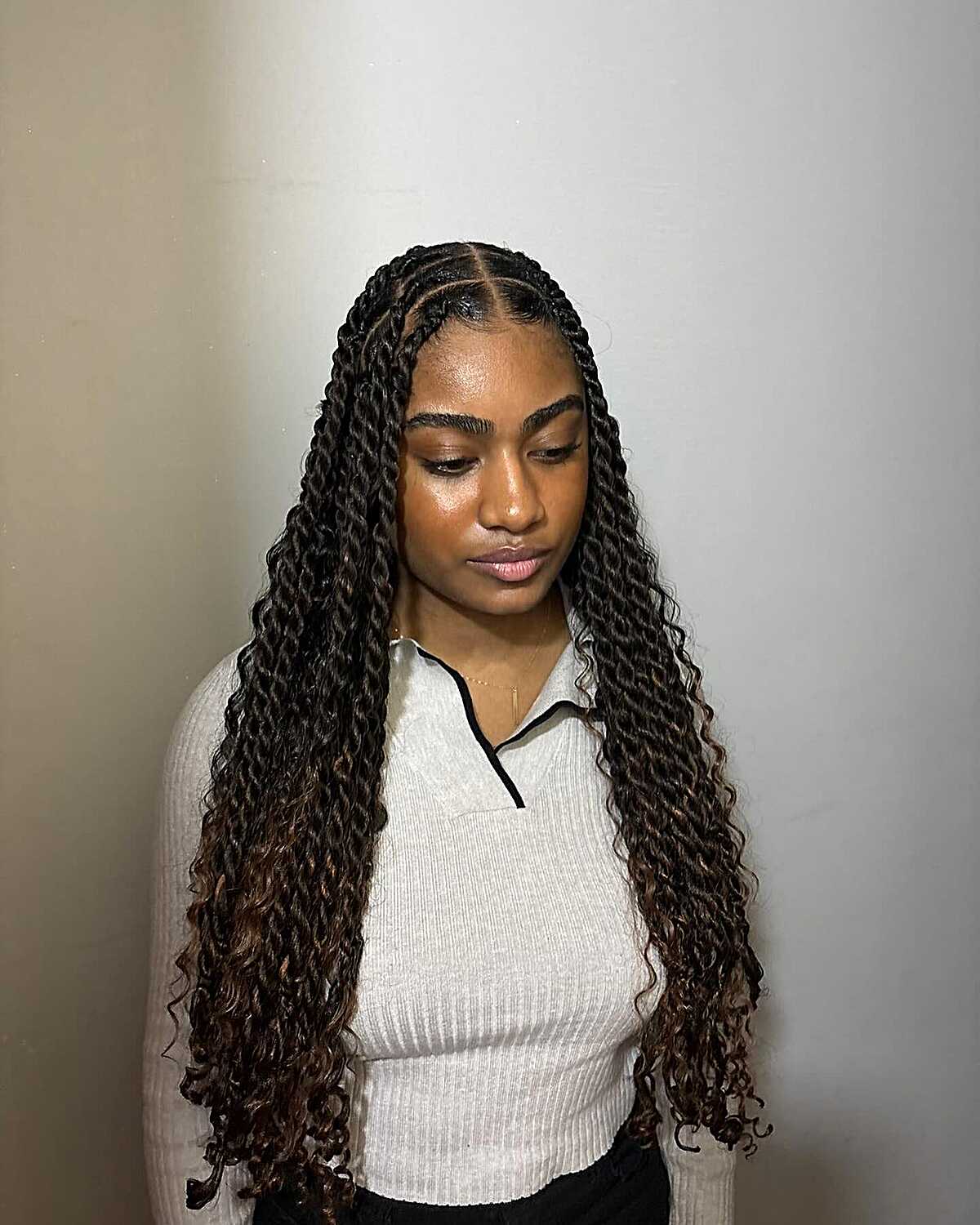 Long black passion twists with brown curly tips