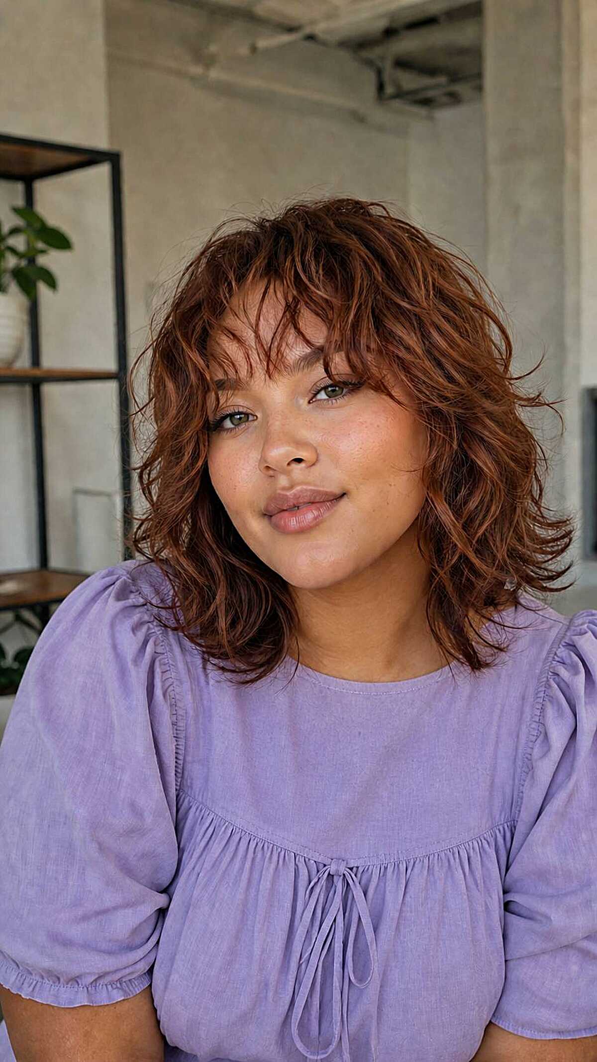 Chin-length auburn wolf cut with wavy texture and bangs