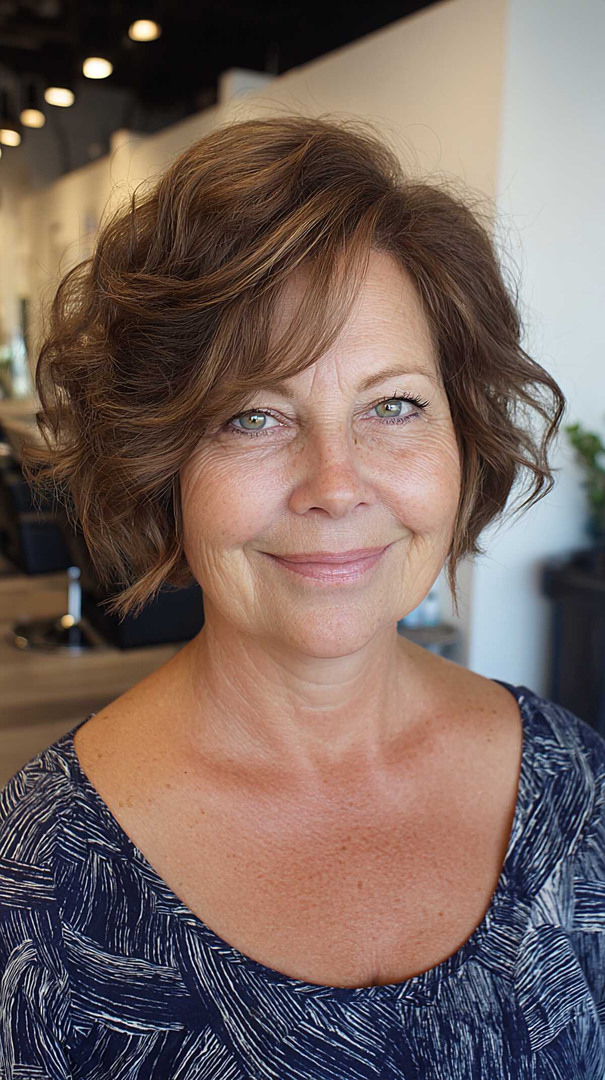 Warm brunette tousled wavy bob with layered volume