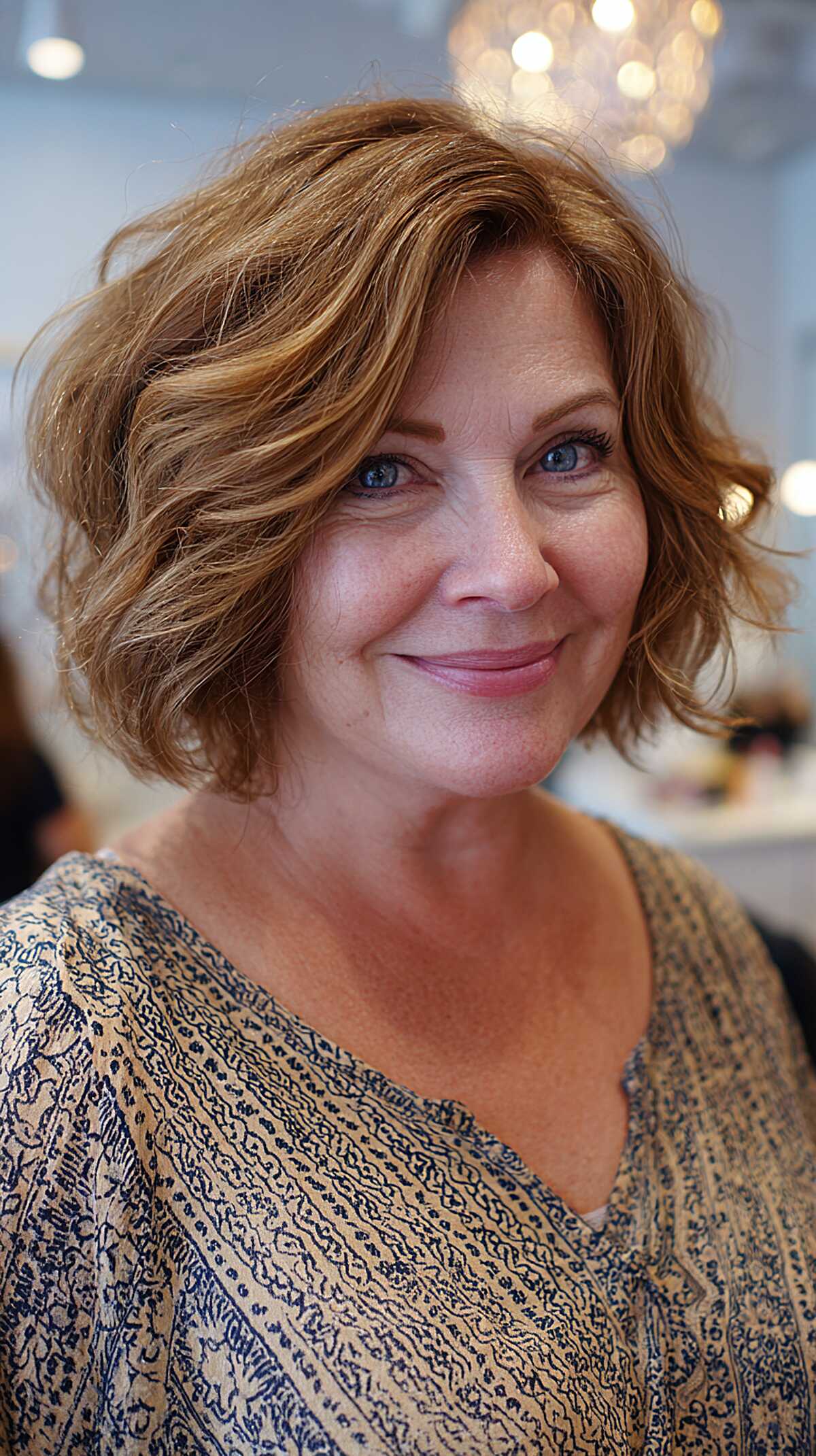 Warm caramel wavy layered bob with side-swept styling