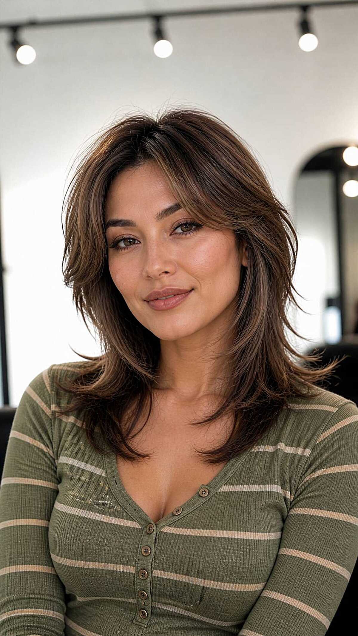 Medium chestnut brown wolf cut with bouncy layered volume