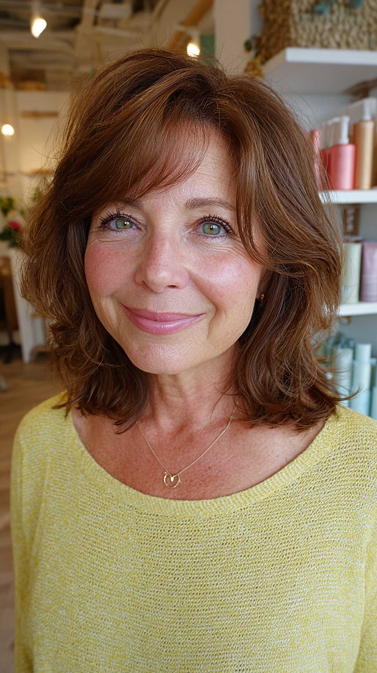 Warm chestnut lob with tousled waves and texture