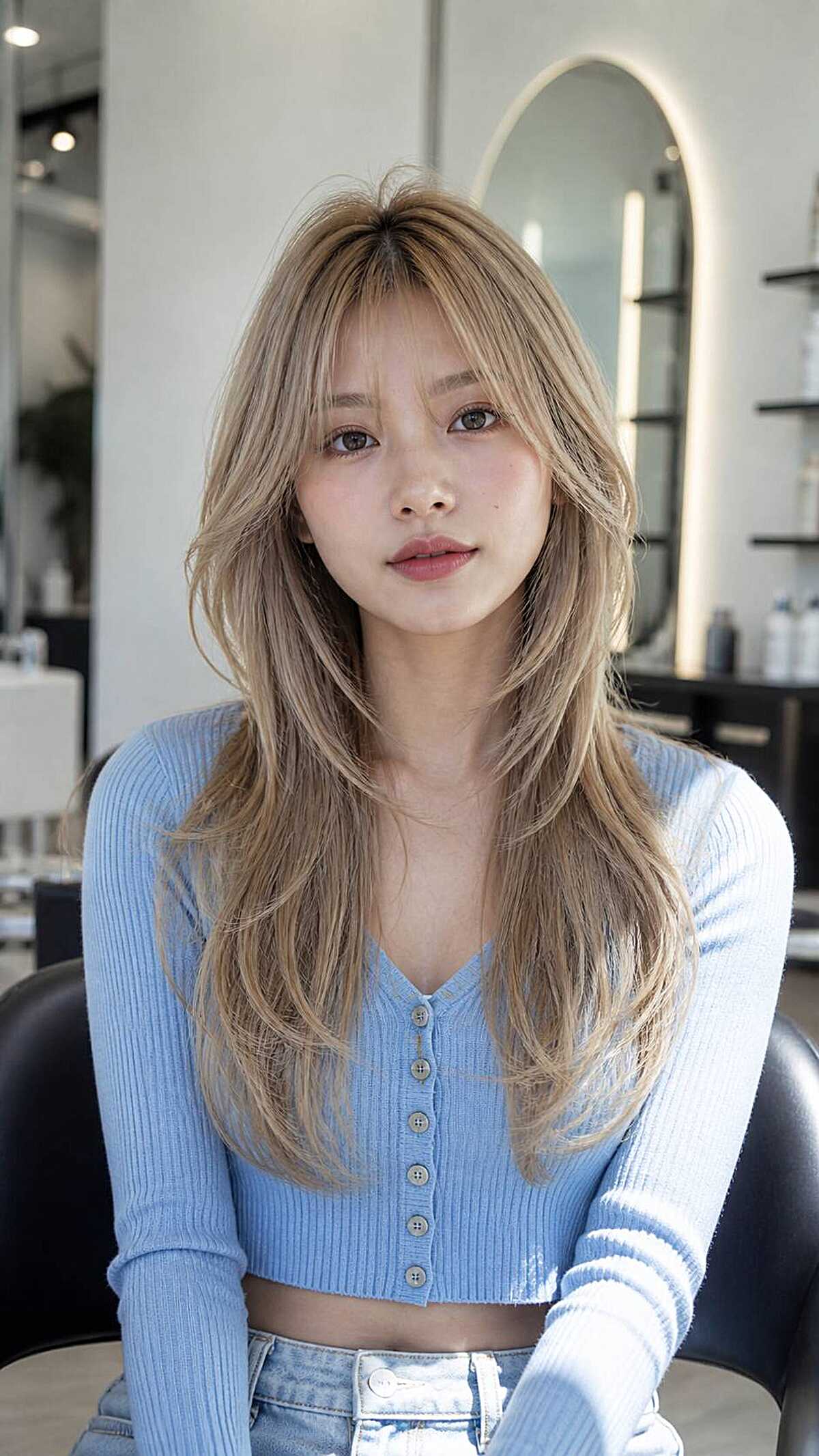 Long honey blonde wolf cut with layered curtain bangs