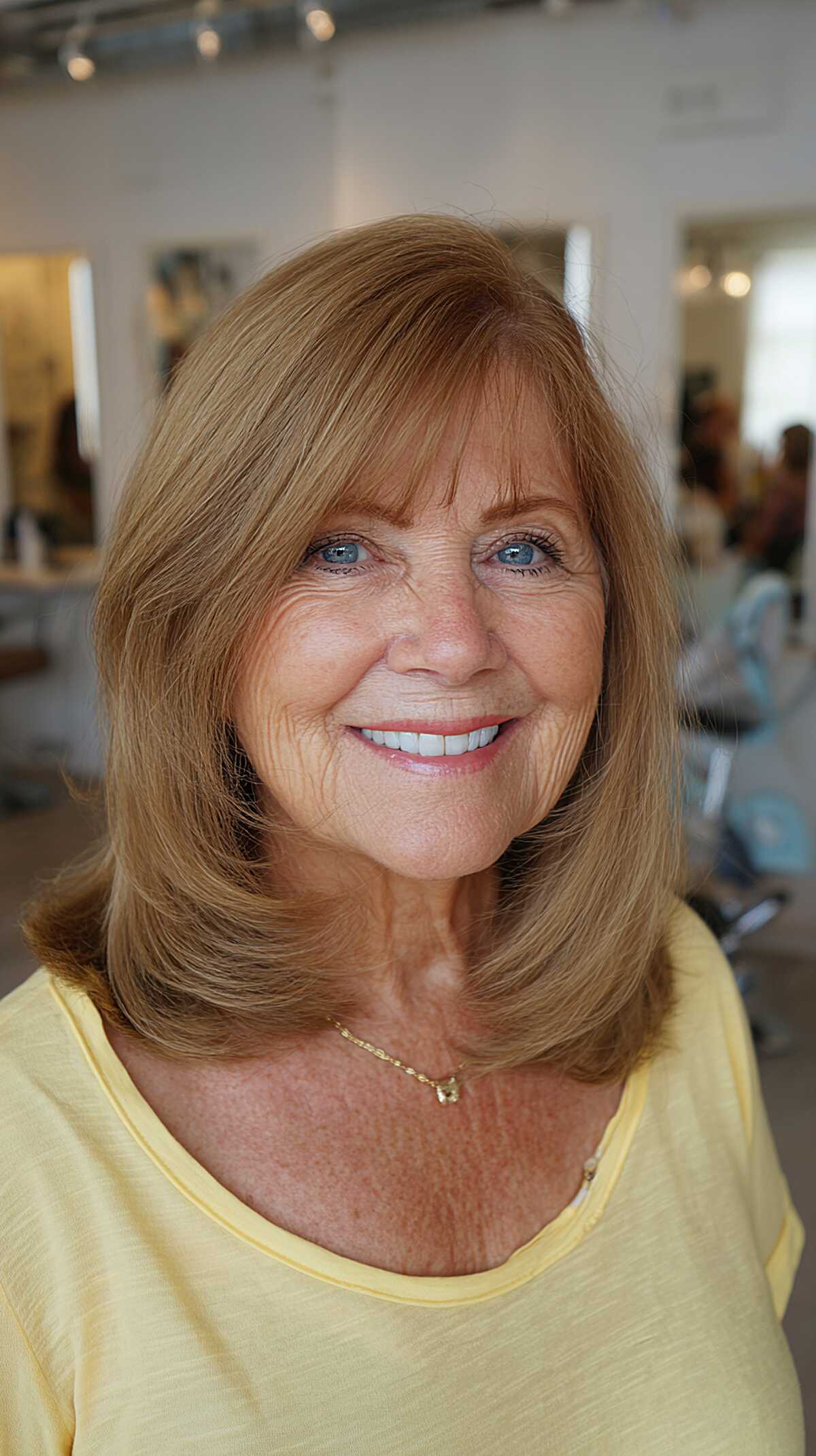 Warm honey blonde shoulder-length cut with face framing
