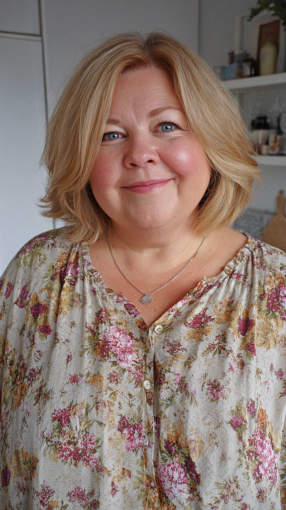 Warm strawberry blonde chin-length bob with flipped ends