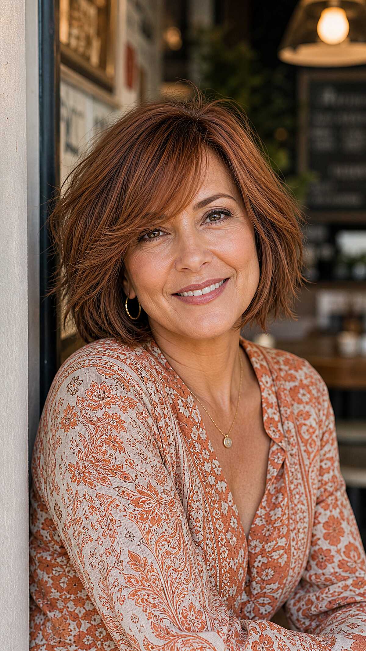 Shaggy auburn bob with copper tones and bangs