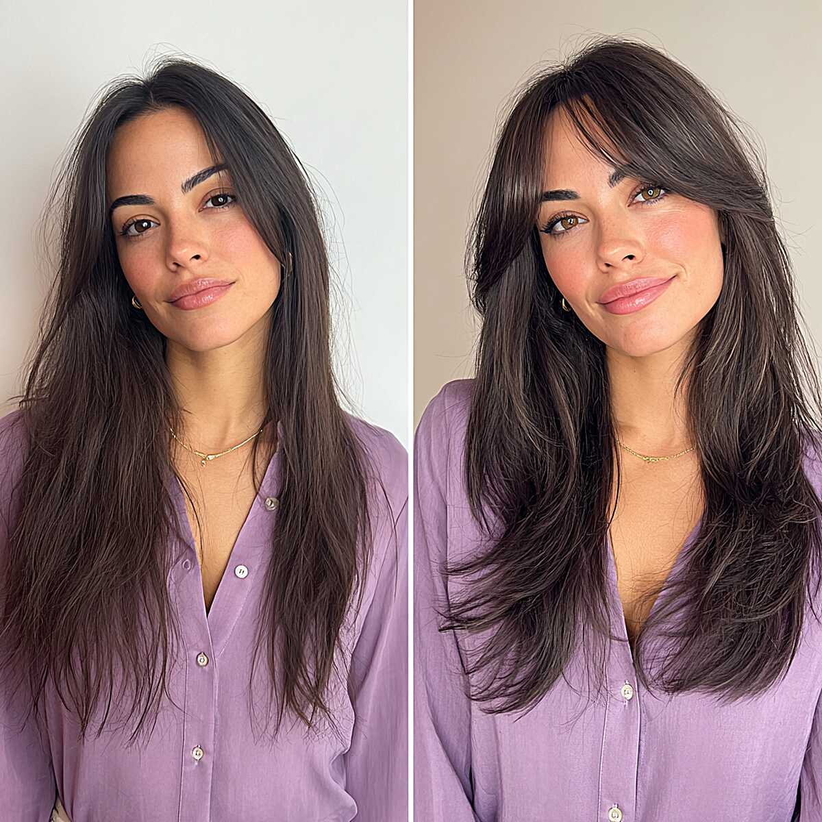 Before and after adding curtain bangs to long dark hair