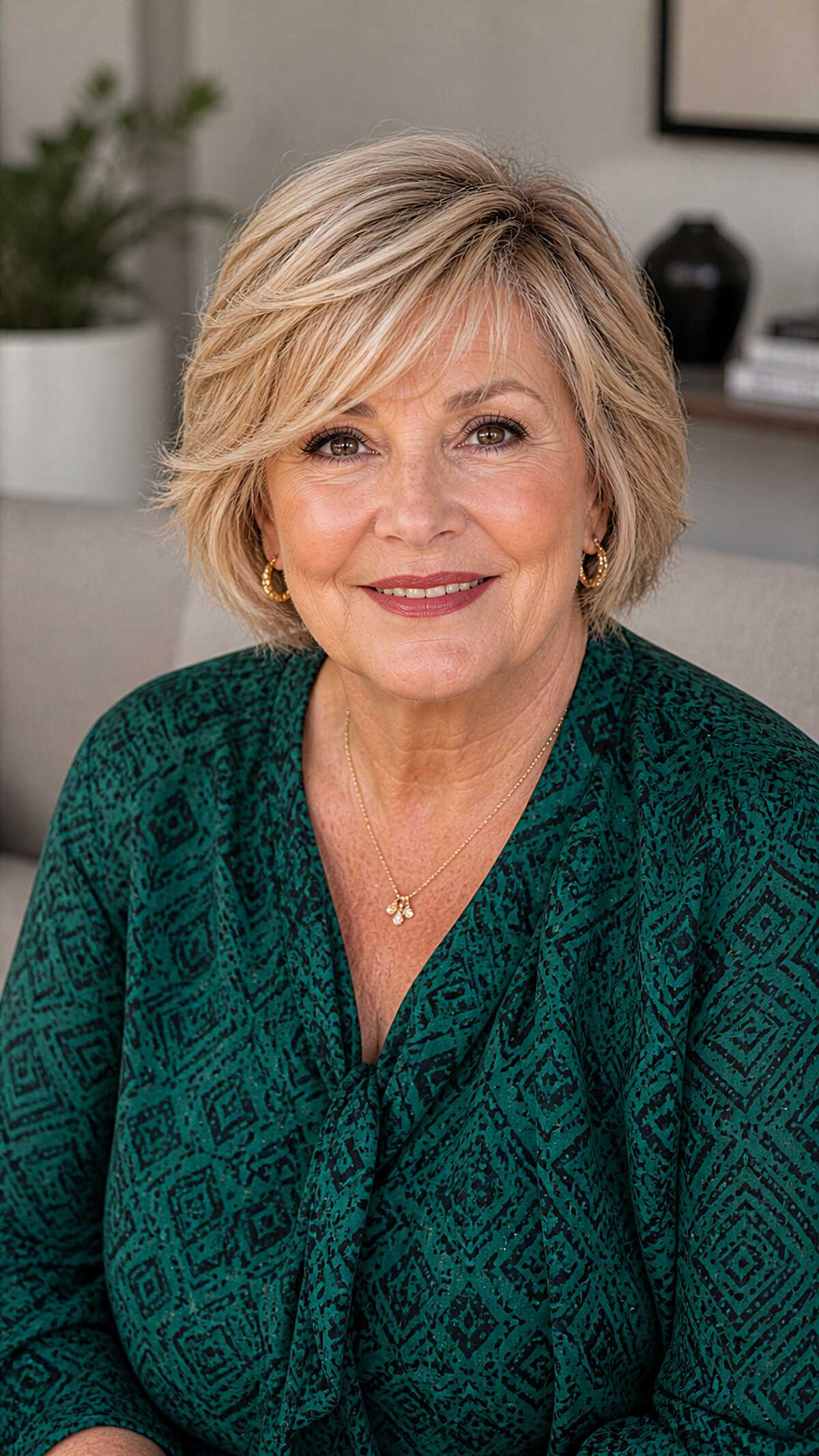 Blonde layered bob with side-swept bangs