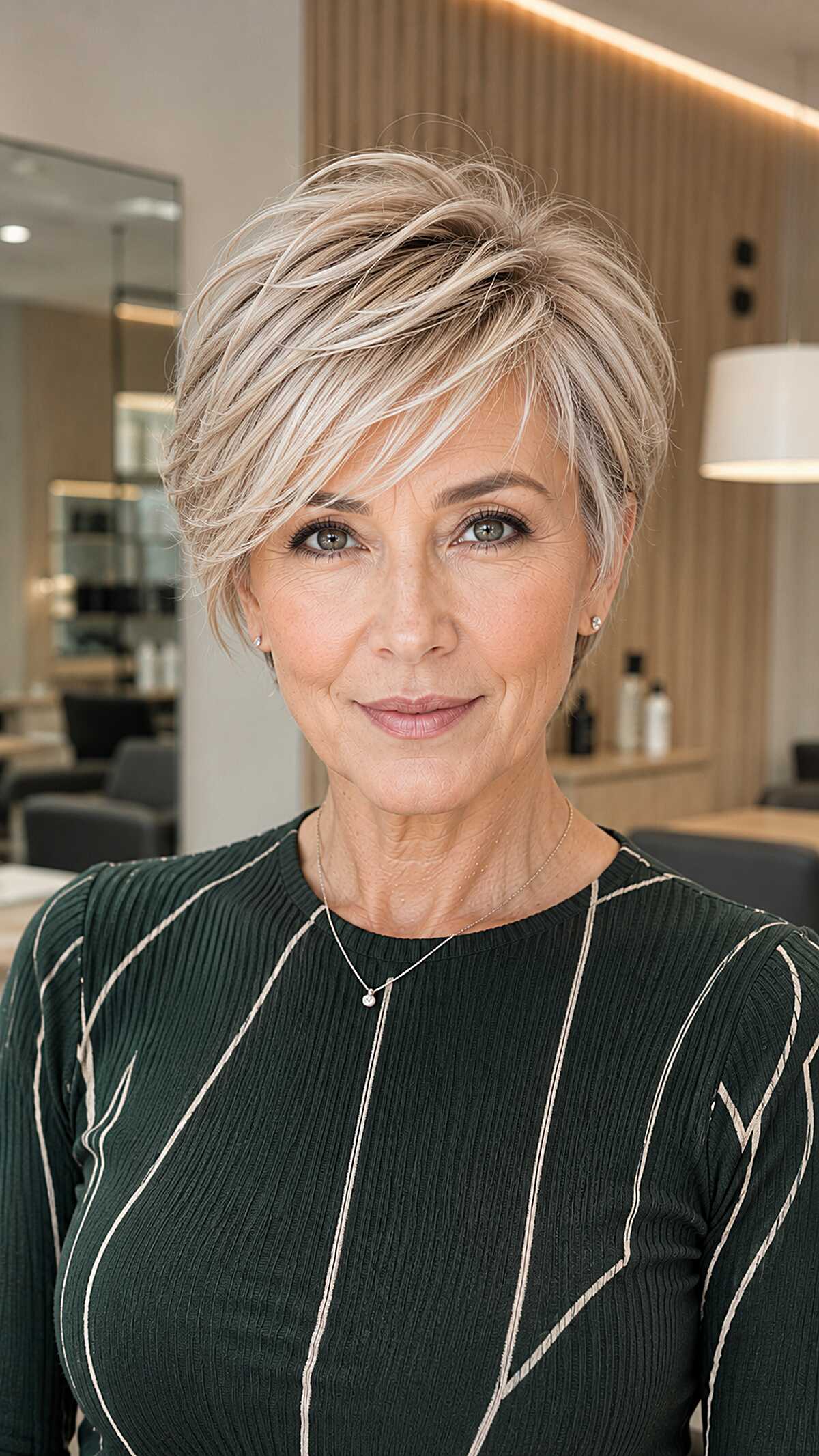 Platinum Blonde Layered Pixie With Swept Top