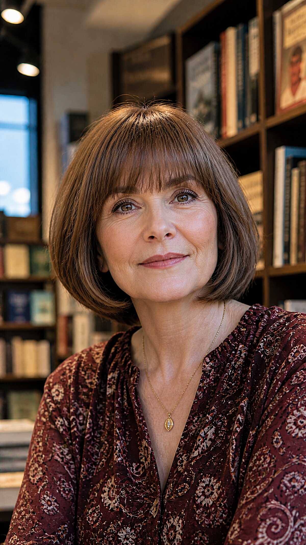 Chin-length brown bob with full blunt bangs