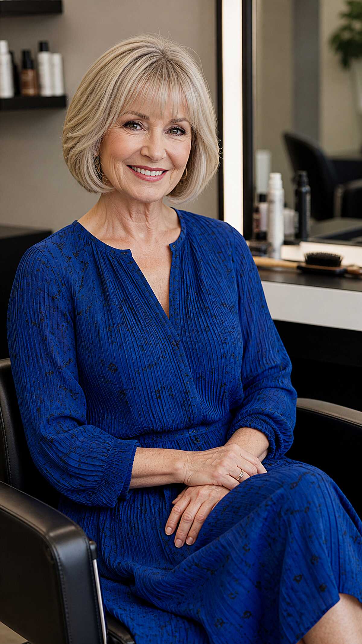 Classic blonde bob with soft curtain fringe and volume