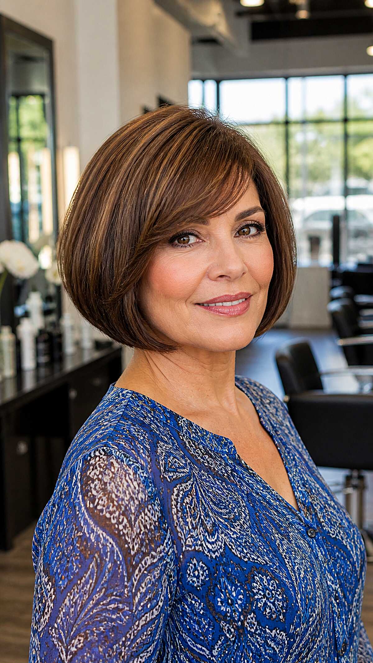 Rounded chestnut bob with caramel highlights