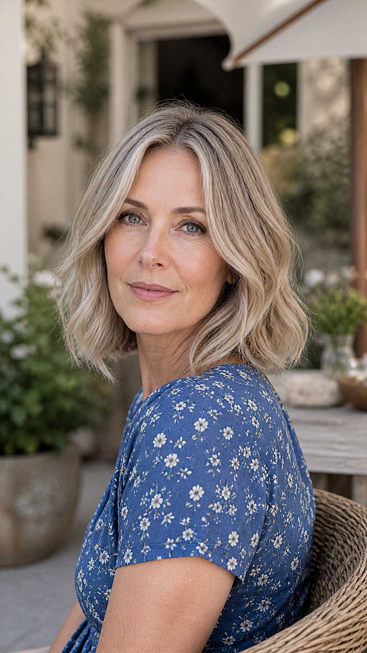 Wavy ash blonde bob with darker root shadow