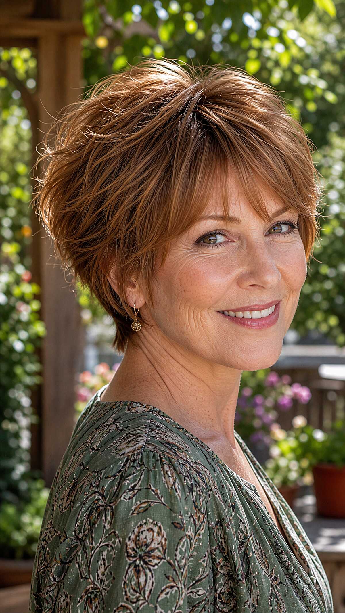 Copper-toned short layered crop with crown volume