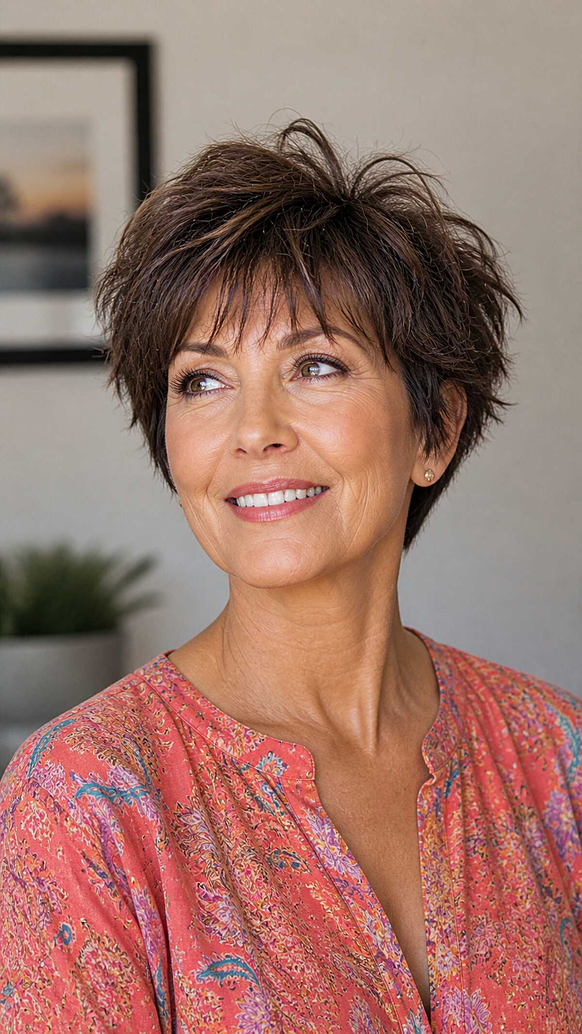 Dark chocolate wispy pixie with piece-y fringe