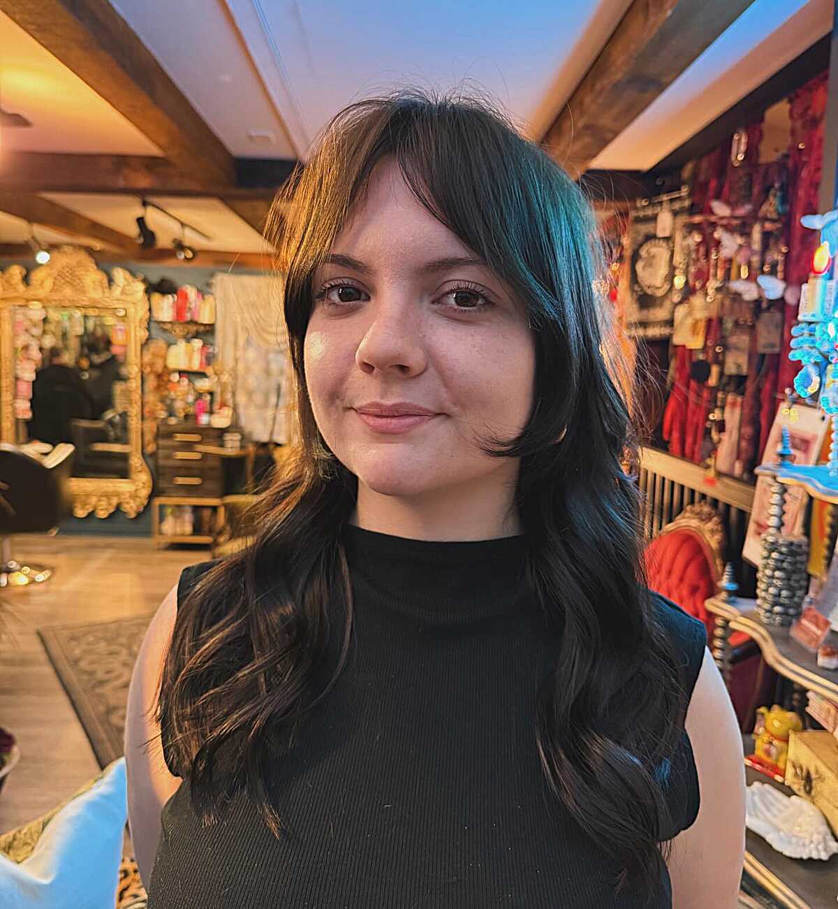 Dark brown long waves with curtain bangs