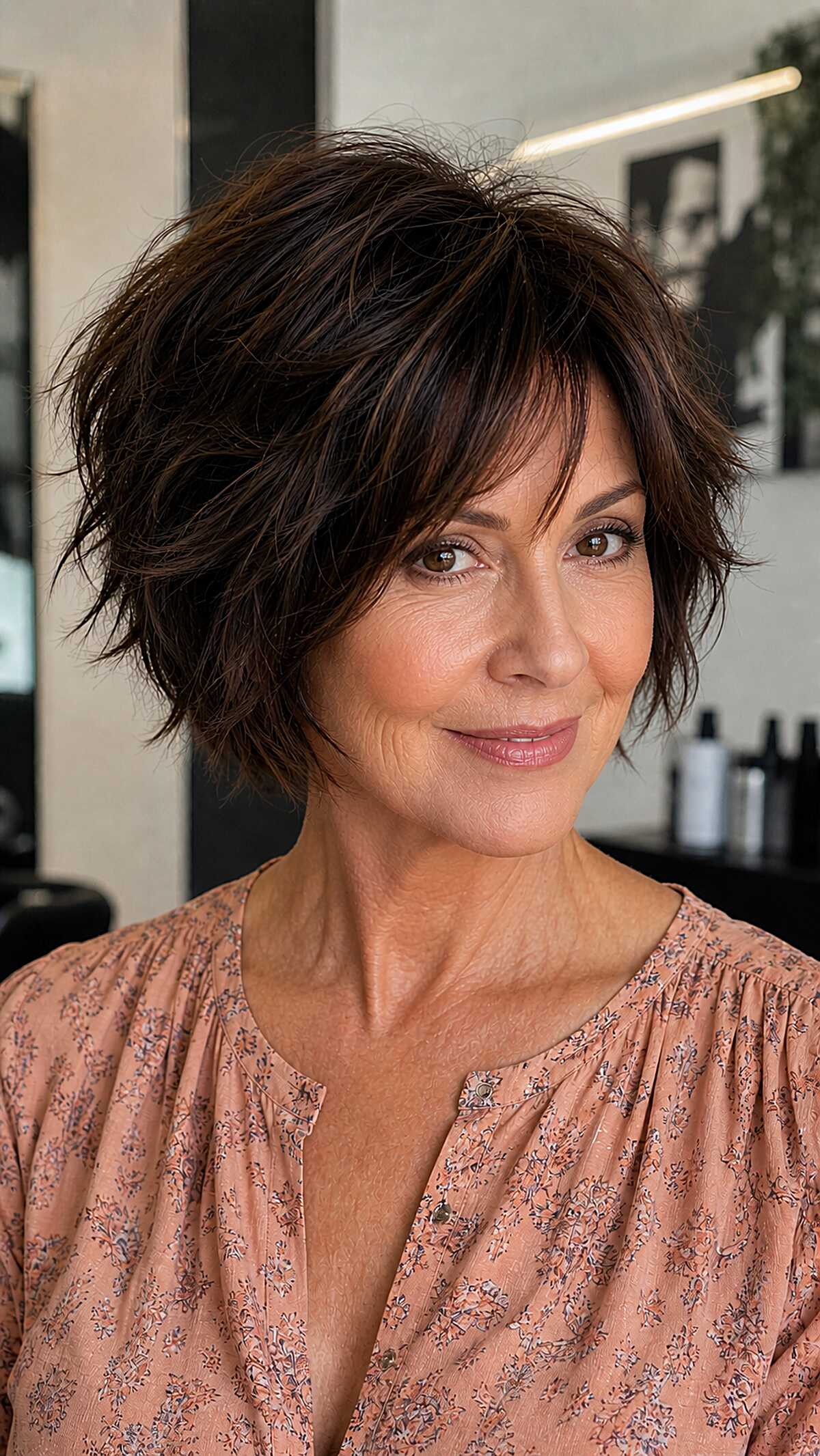 Dark brunette textured shag bob with wispy fringe