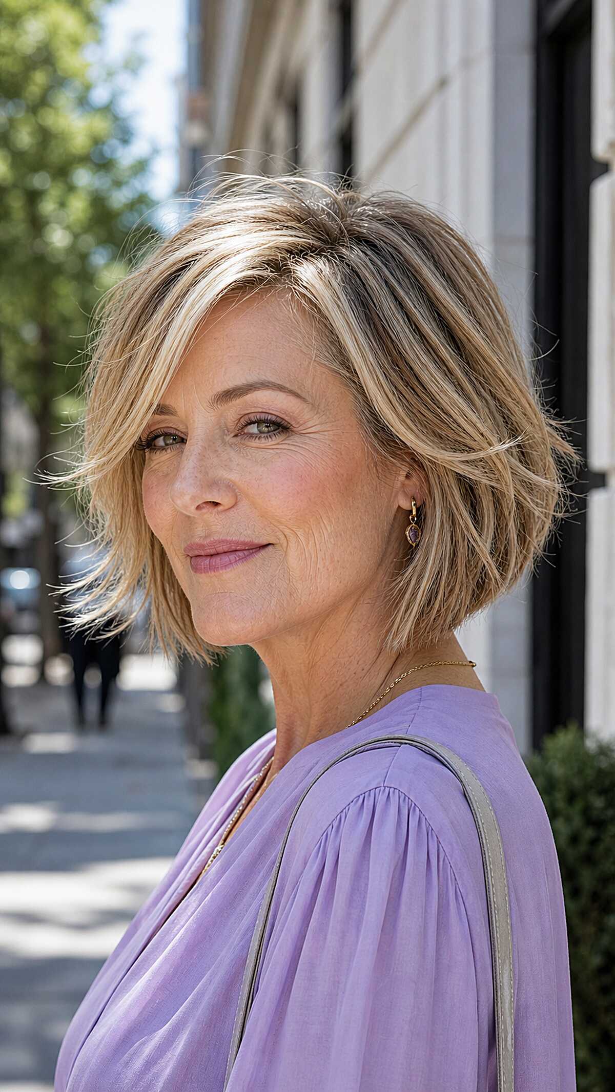 Chin-length dimensional blonde bob with textured ends