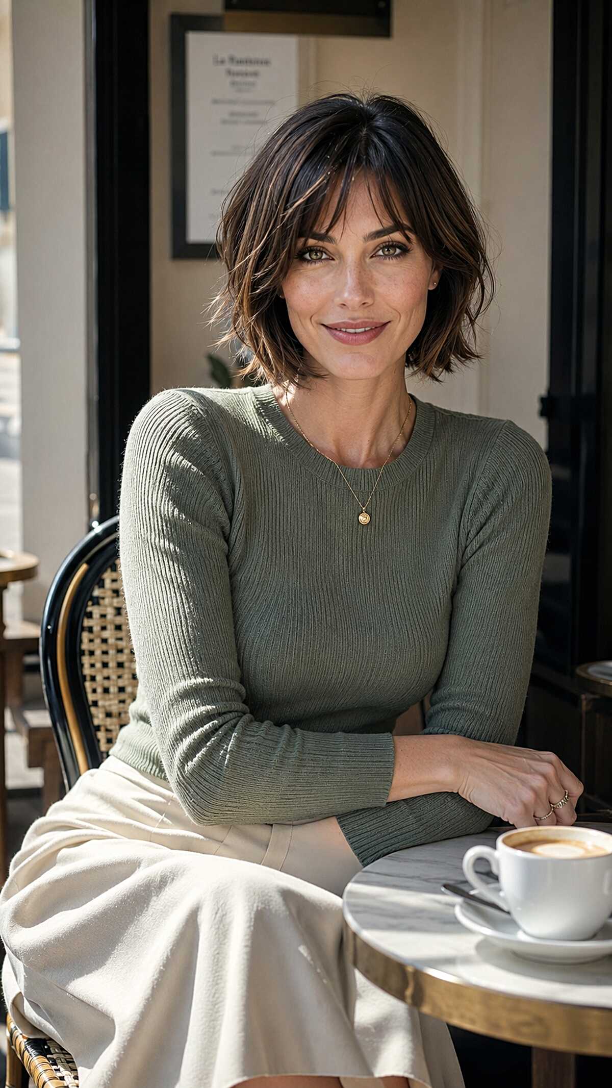 Brunette French bob with soft curtain bangs and texture