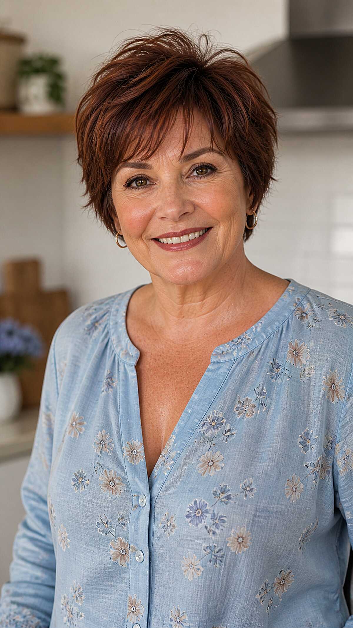 Short feathered auburn crop with wispy texture
