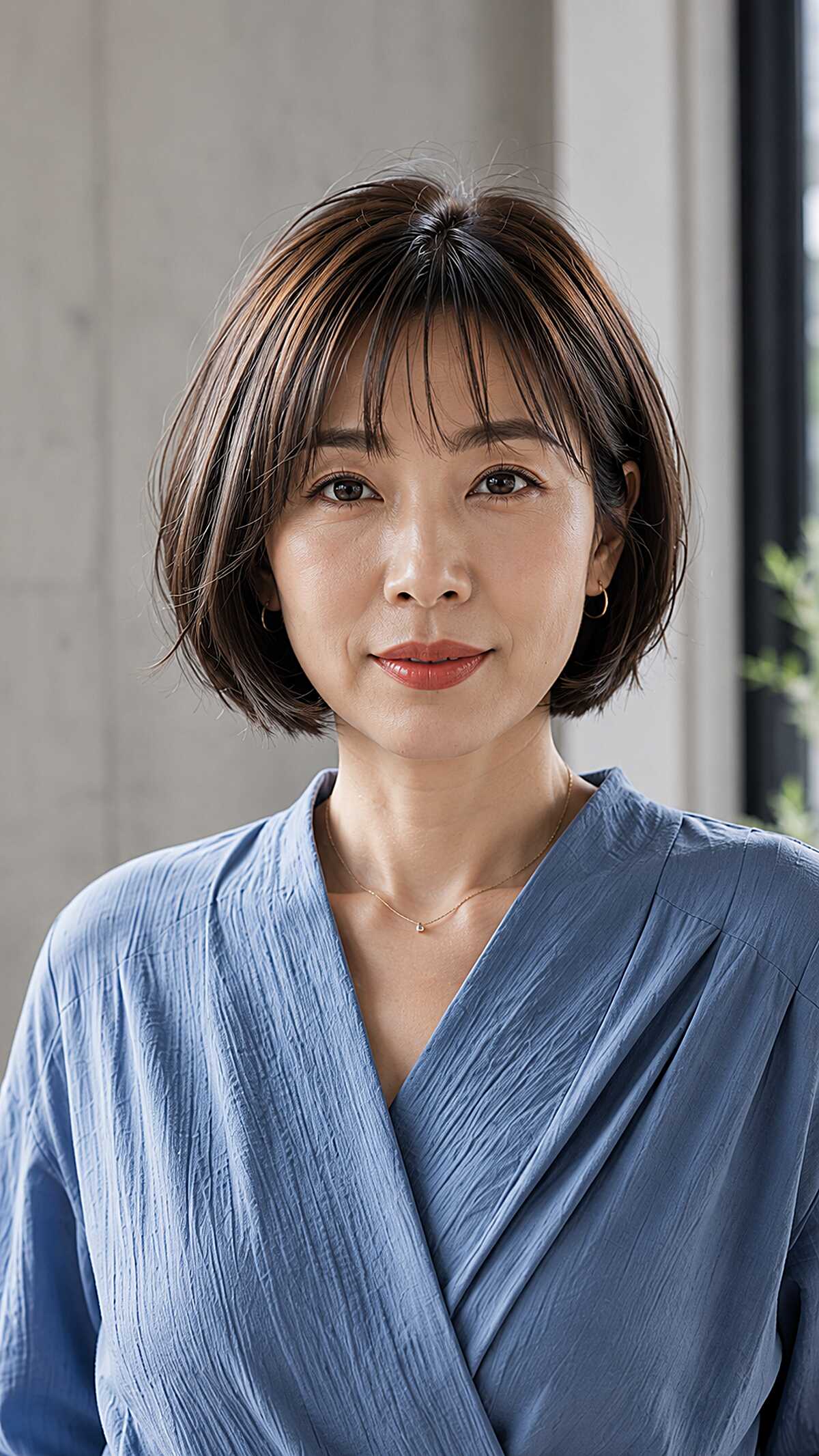 Feathered brunette bob with wispy see-through bangs