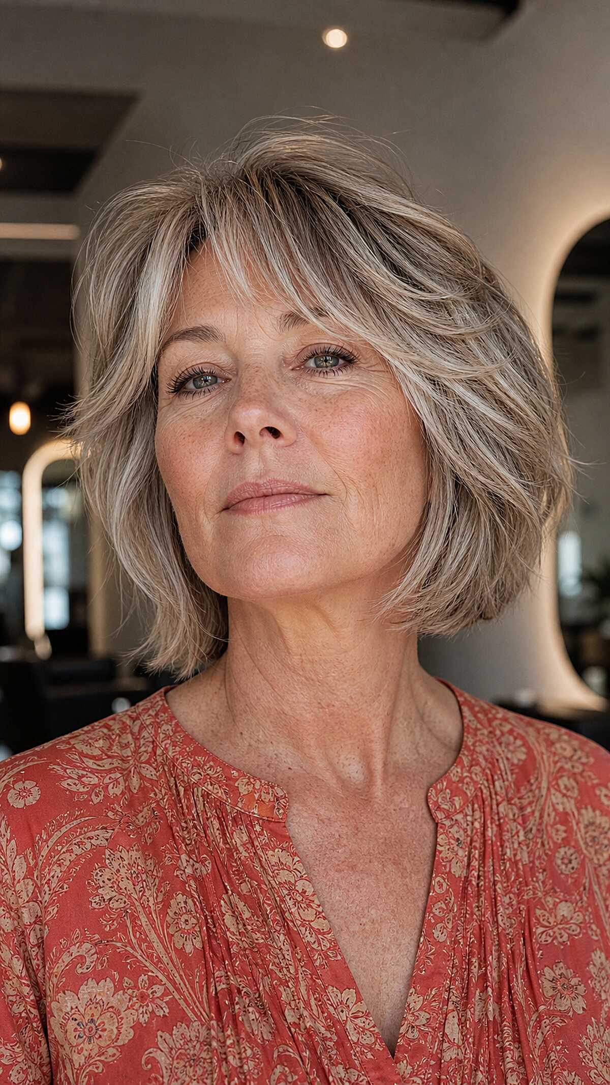 Feathered chin-length sandy blonde bob with bangs