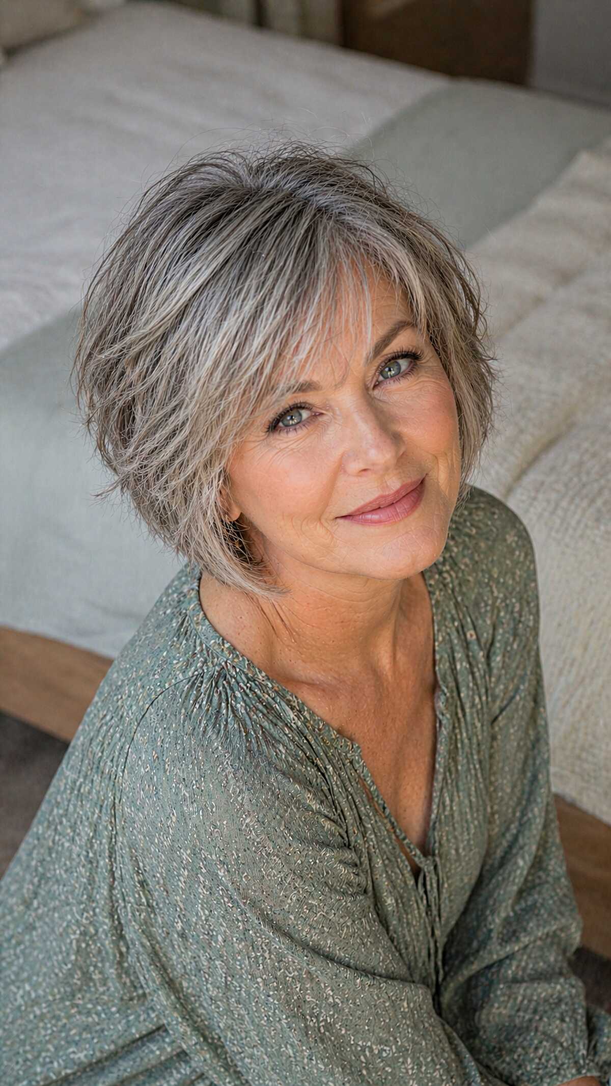 Feathered gray and silver layered bob with bangs