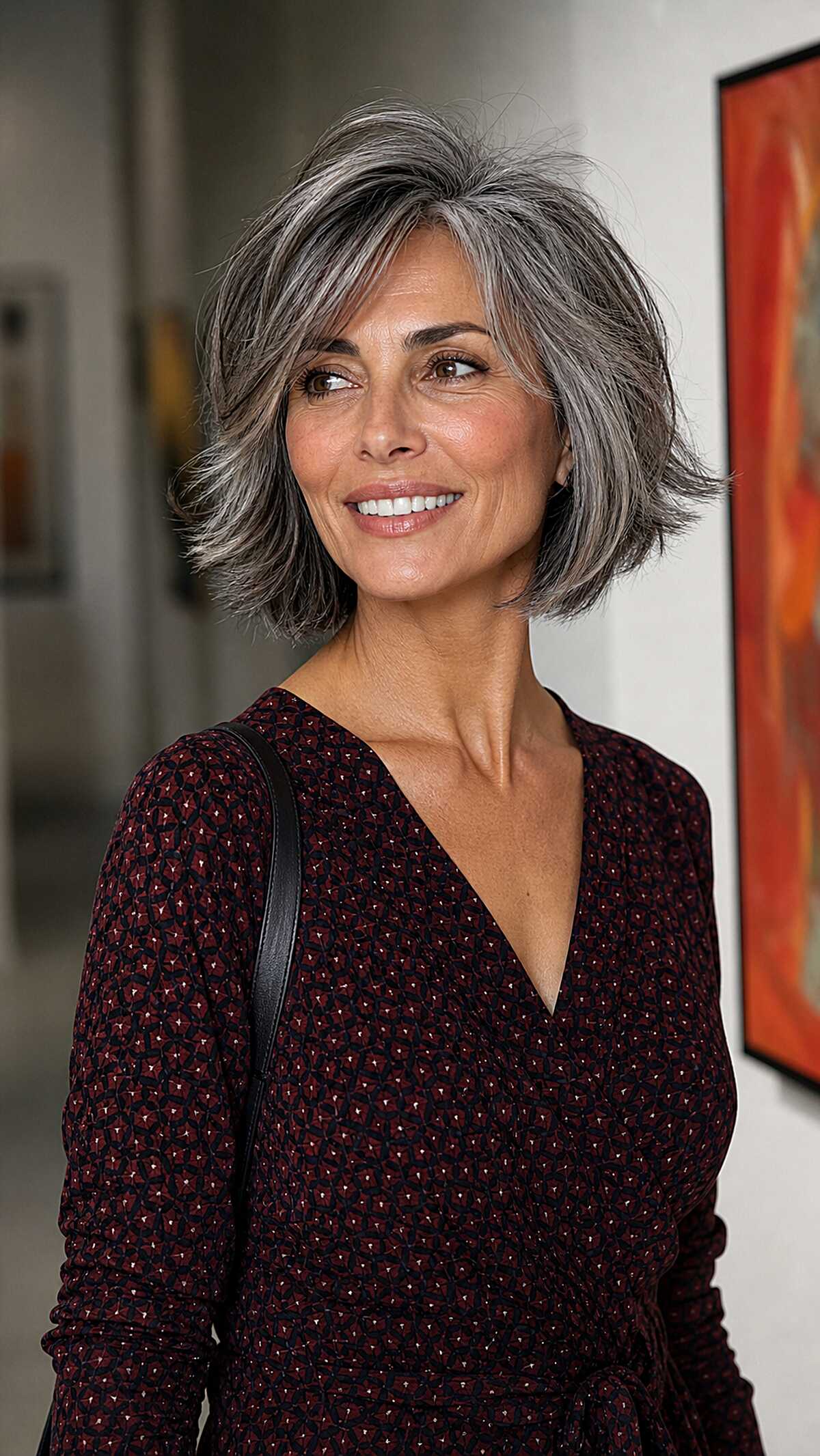 Feathered silver bob with piecey layers and side sweep