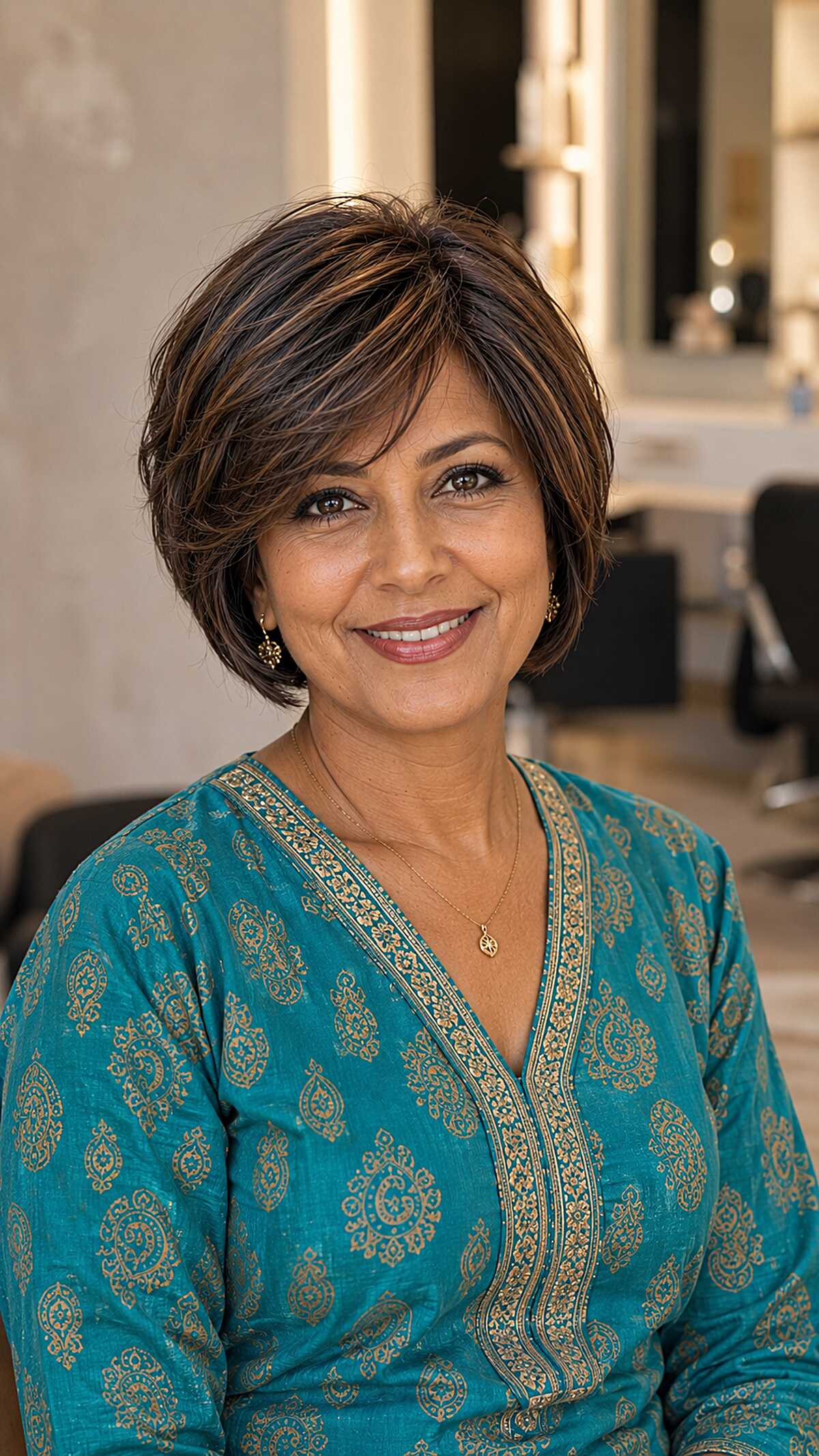 Rounded Brunette Bob With Caramel Highlights