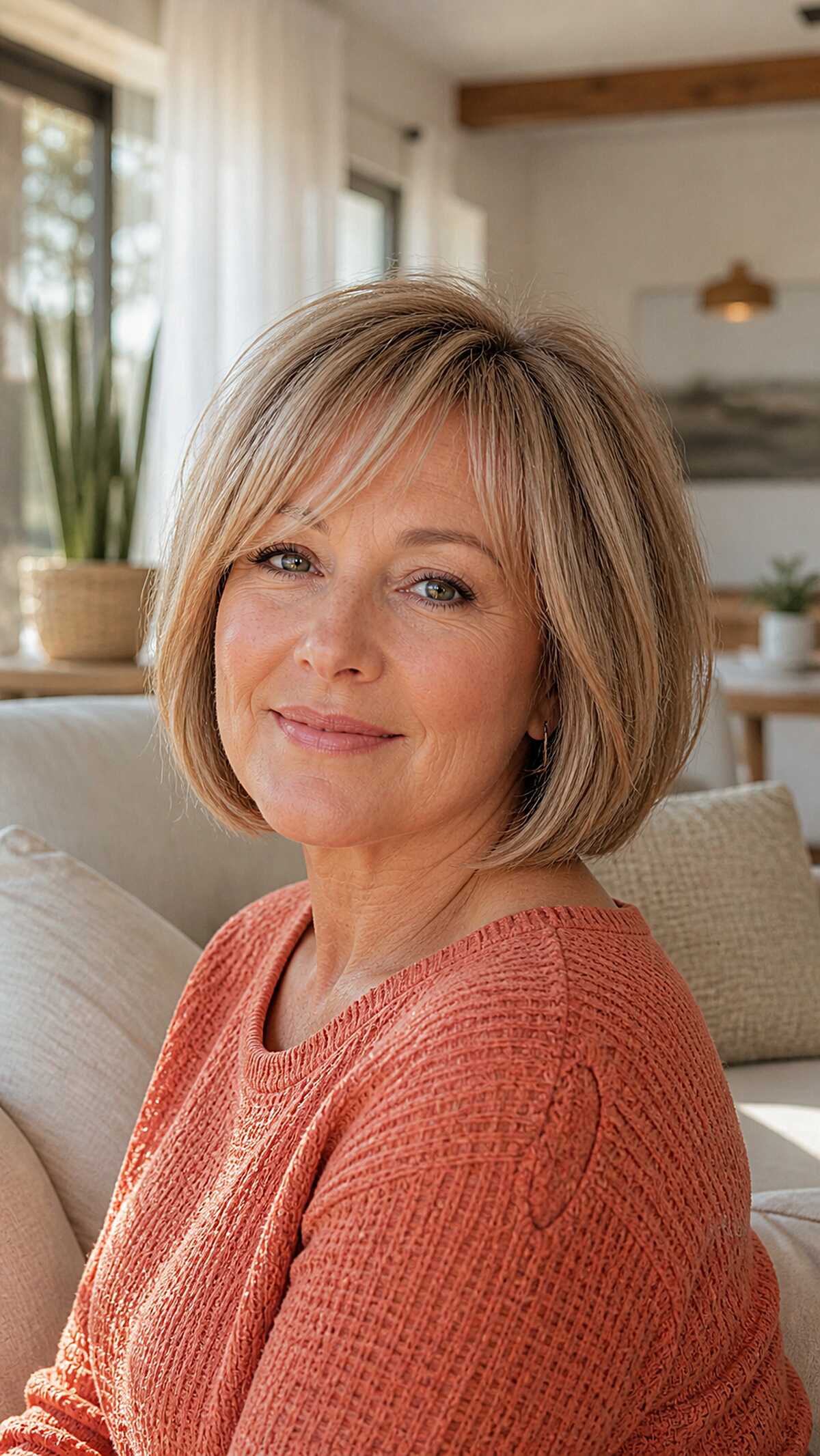Honey blonde chin-length bob with wispy side bangs