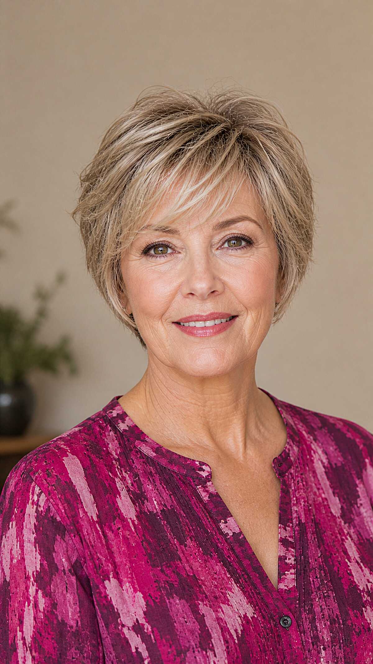 Honey blonde feathered pixie with natural finish