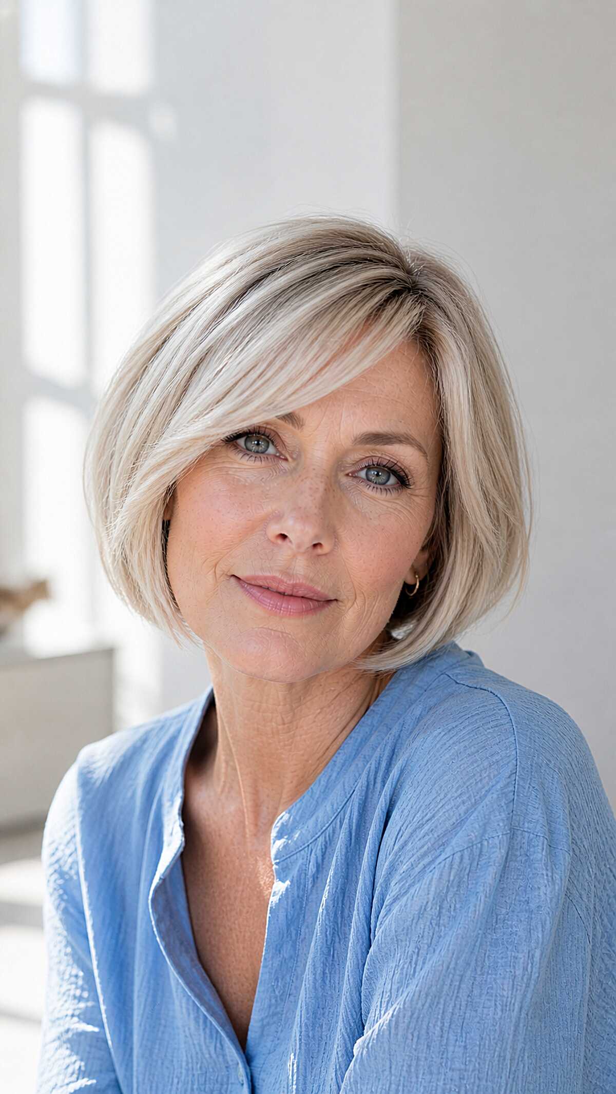 Sleek platinum blonde bob with a side part