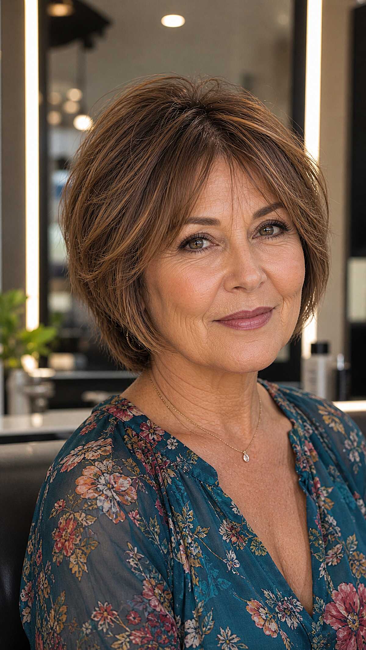 Layered brunette bob with soft wispy ends