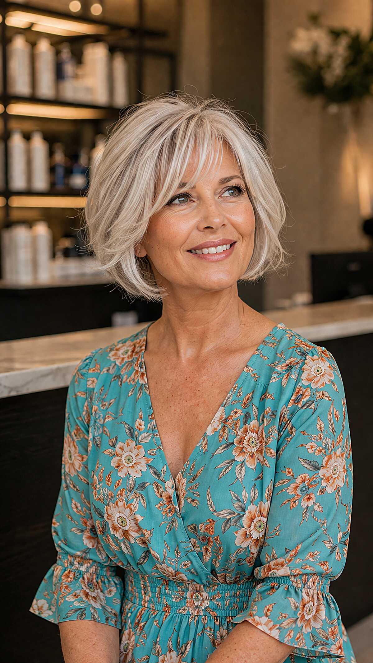Platinum blonde layered bob with soft wispy fringe