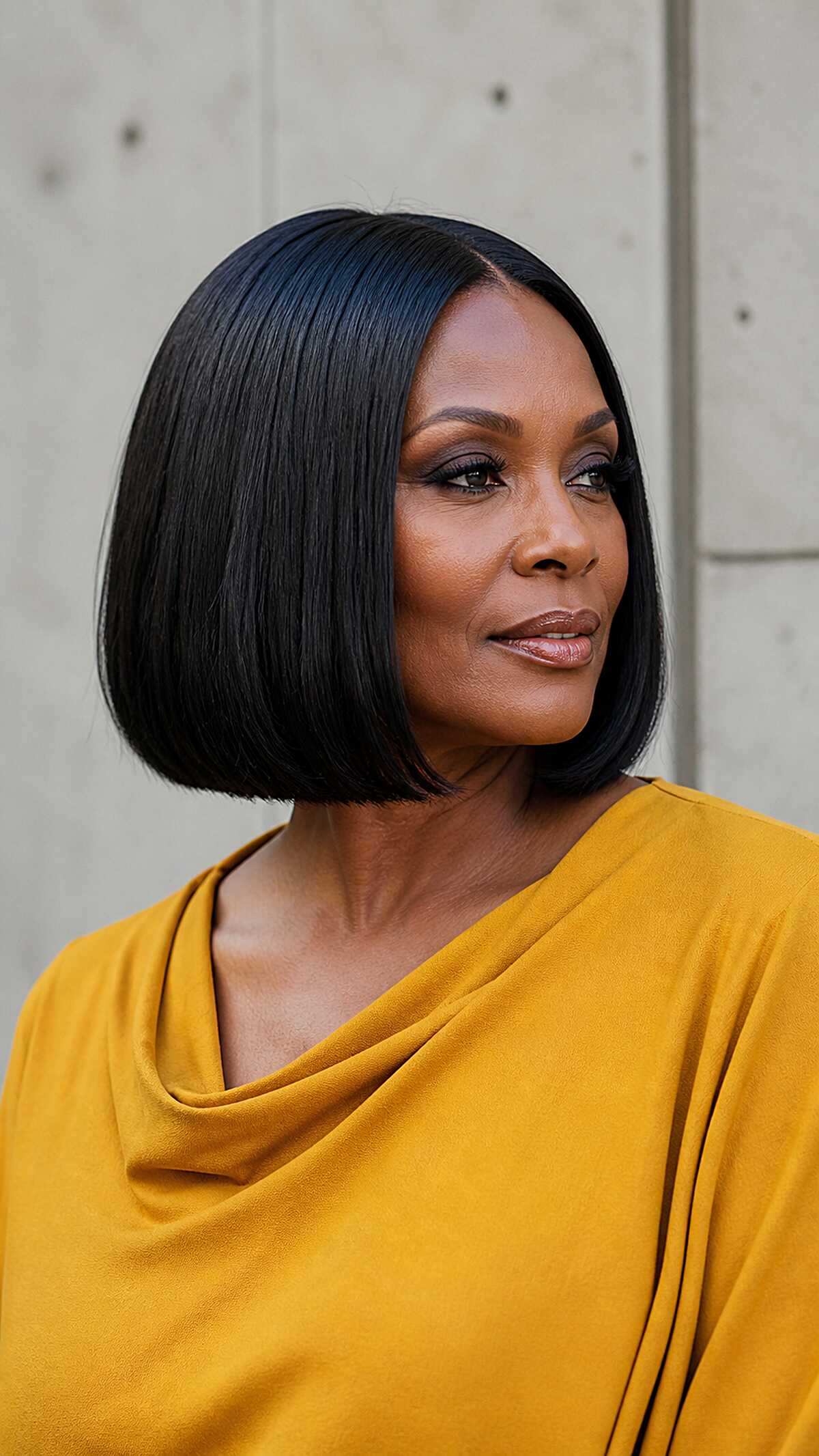 Sleek jet black one-length bob at chin level
