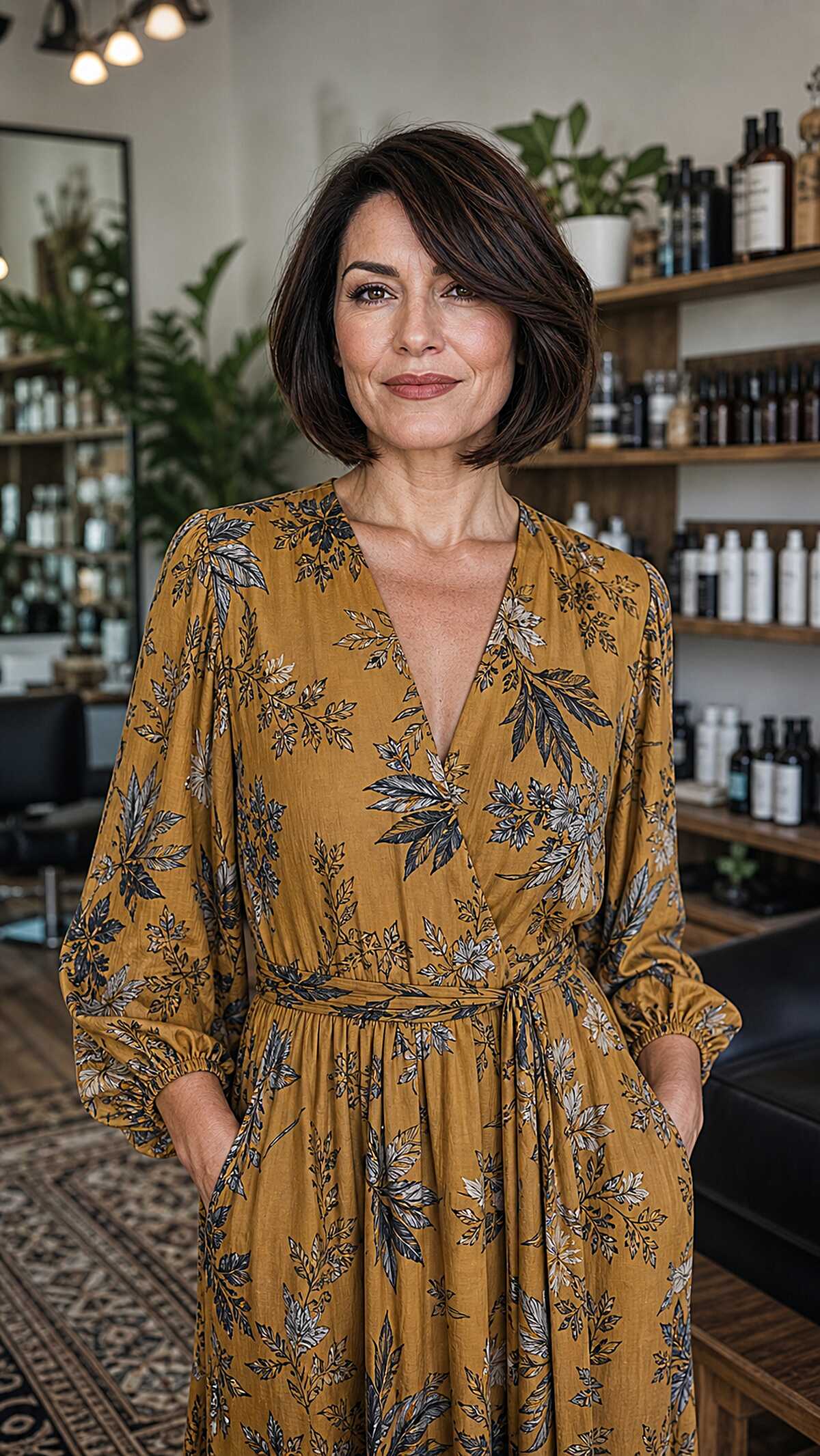 Polished dark brunette chin-length bob with soft bend