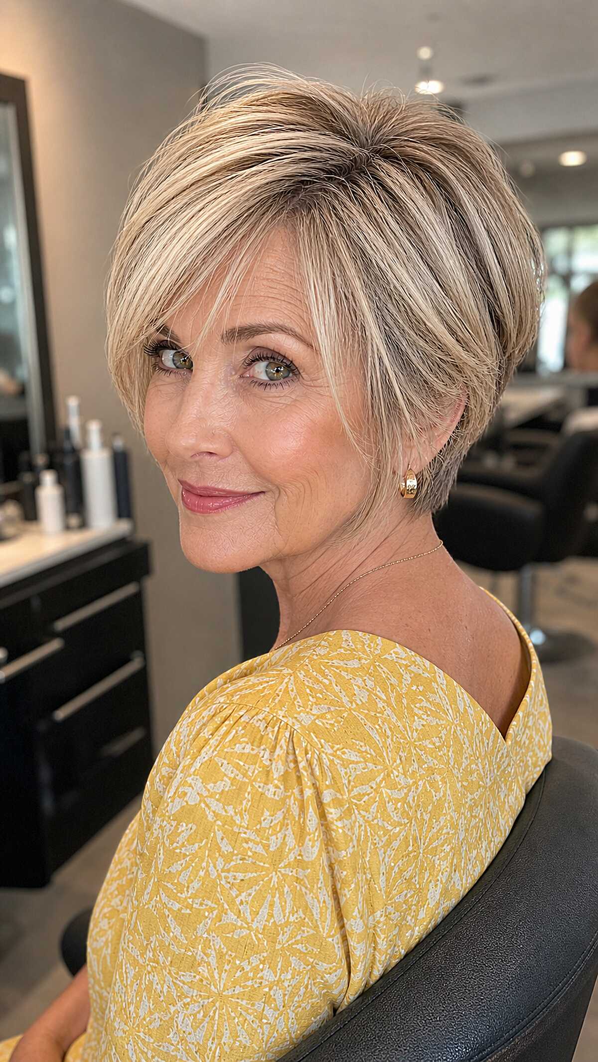 Polished champagne blonde pixie bob with highlights
