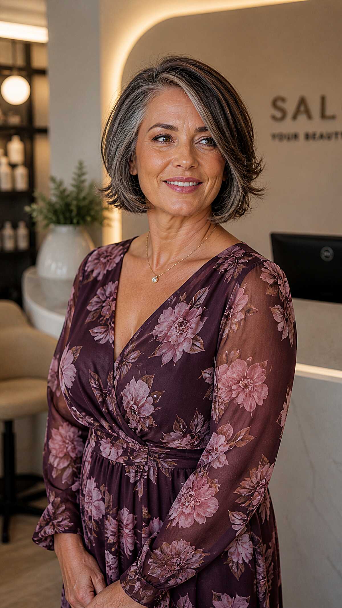 Salt and pepper bob with wispy side-swept fringe