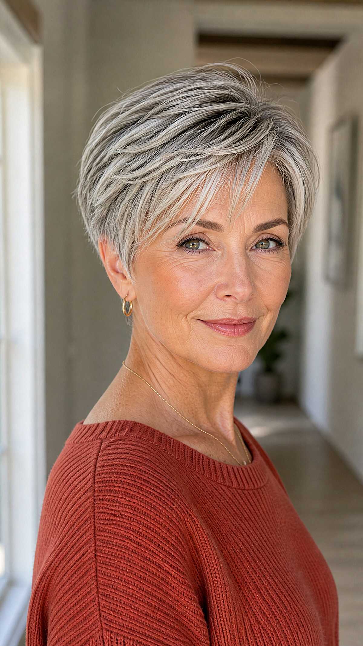 Salt-and-pepper tapered pixie with angled layers