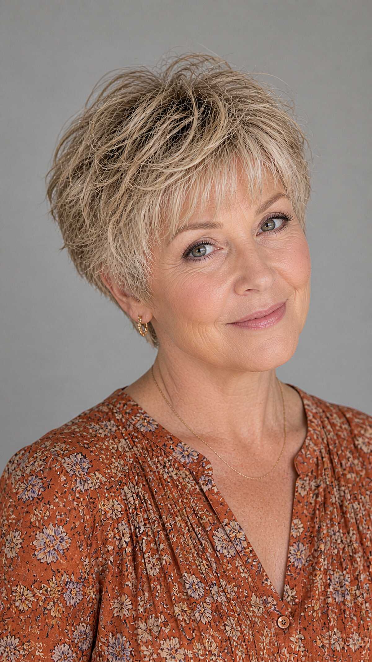 Sandy blonde wispy pixie with soft crown height