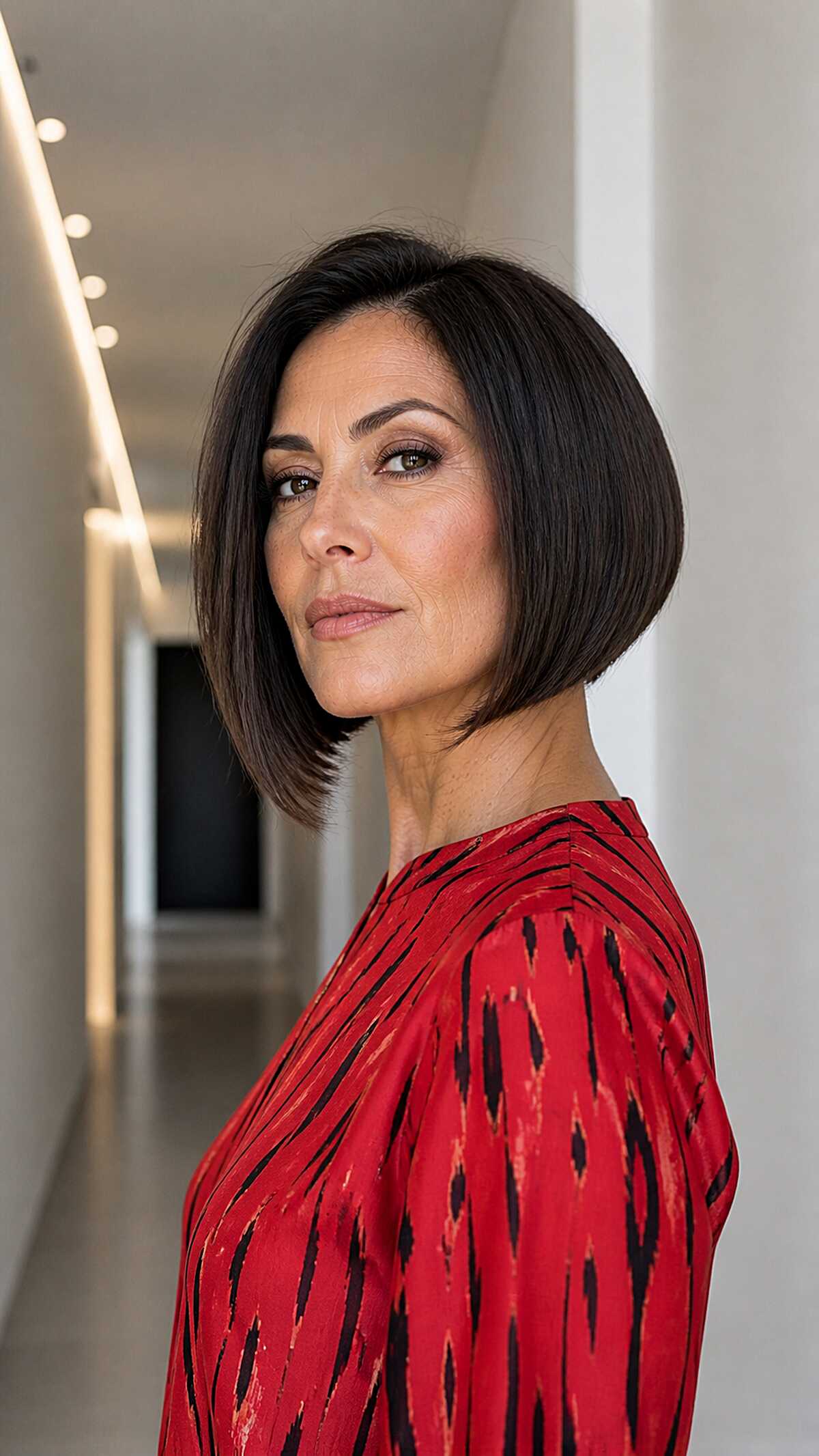 Sharp angled dark brown bob with a side part