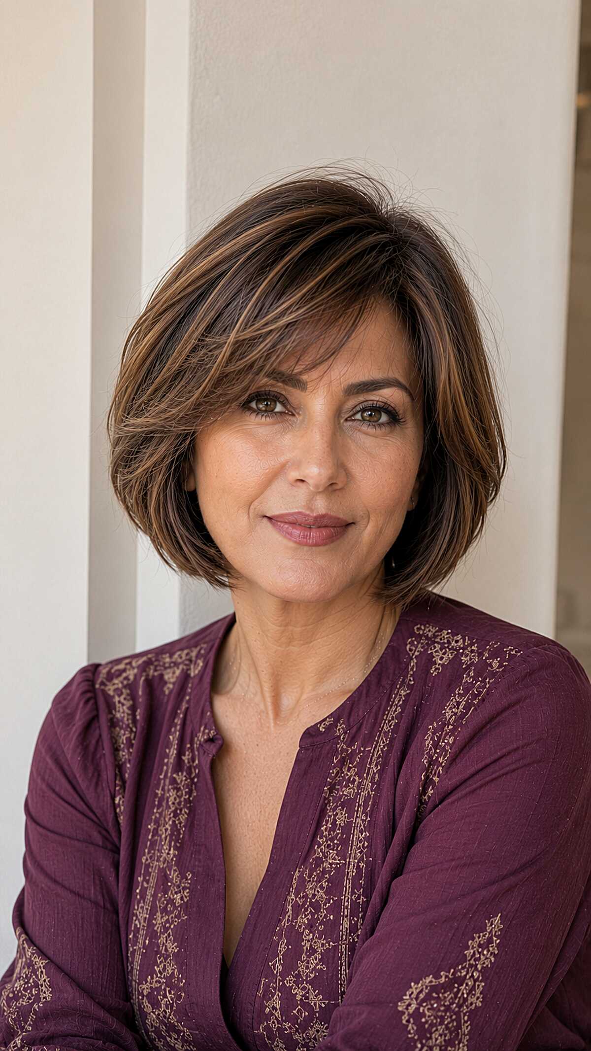 Brunette Bob With Caramel Highlights and Side Sweep