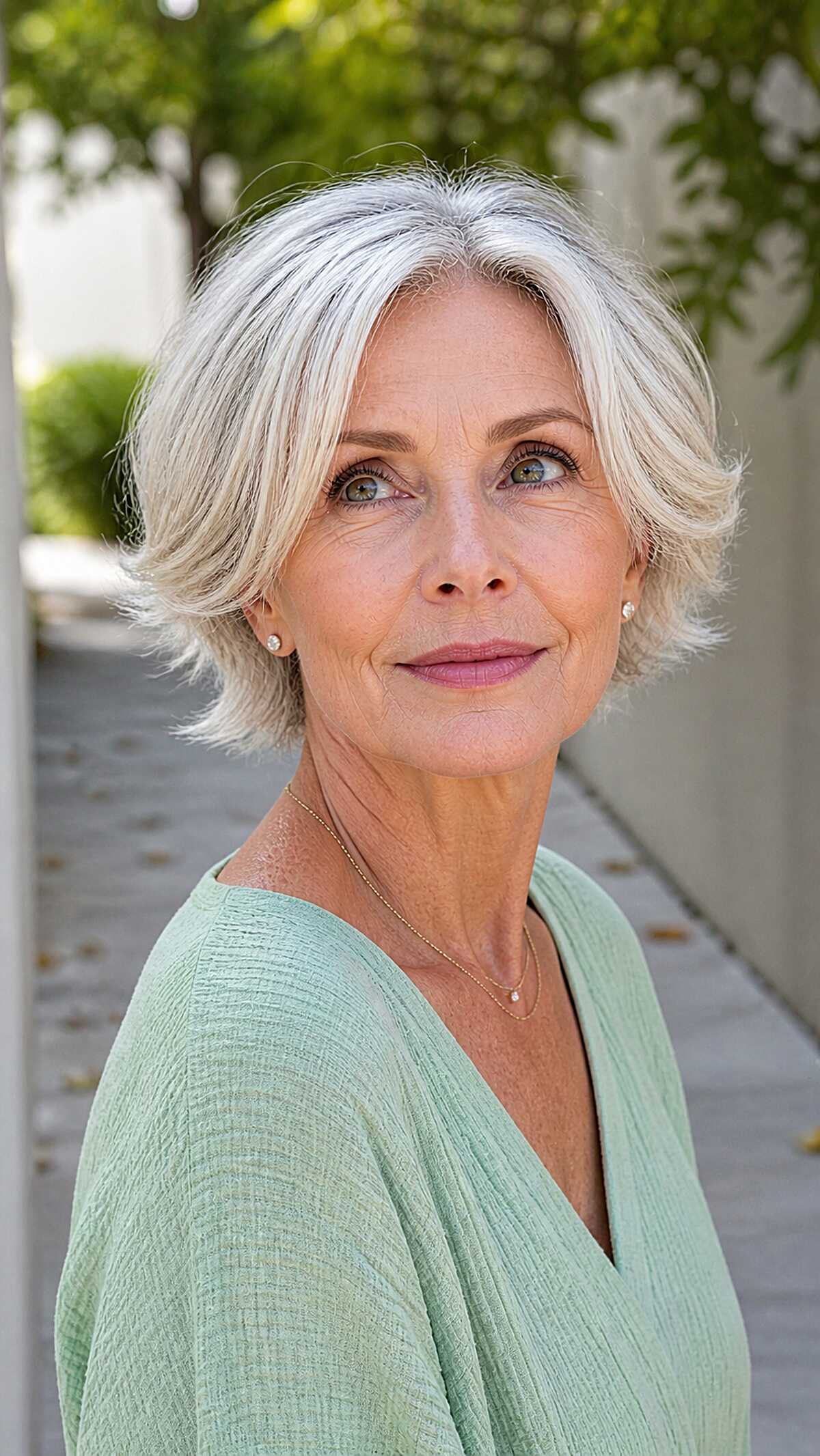 Silver chin-length wispy bob with soft wave