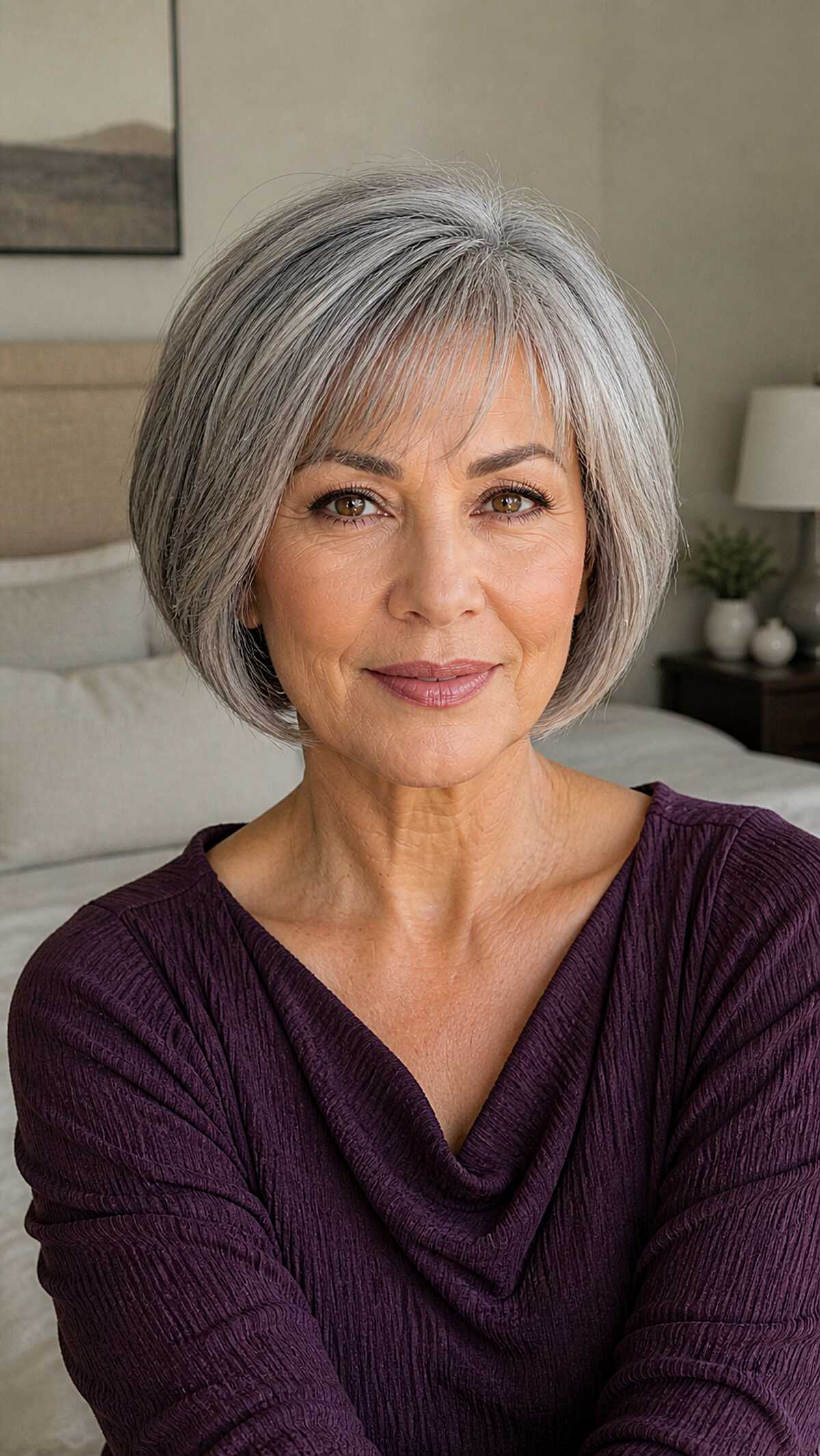 Silver and gray rounded bob with soft wispy bangs